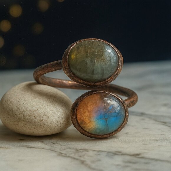 🆕 Boho Vintage Labradorite Ring Adjustable Open Wrap Handmade Copper Finish - Picture 8 of 10